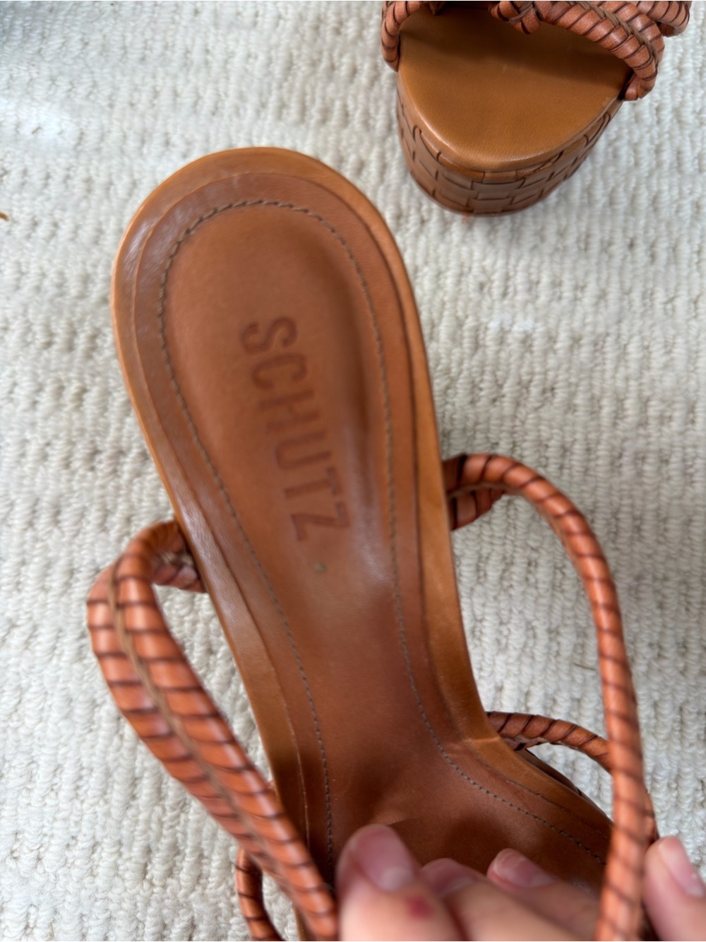 SCHUTZ Woven Cognac Braided Block Heel Sandals - Picture 3 of 6
